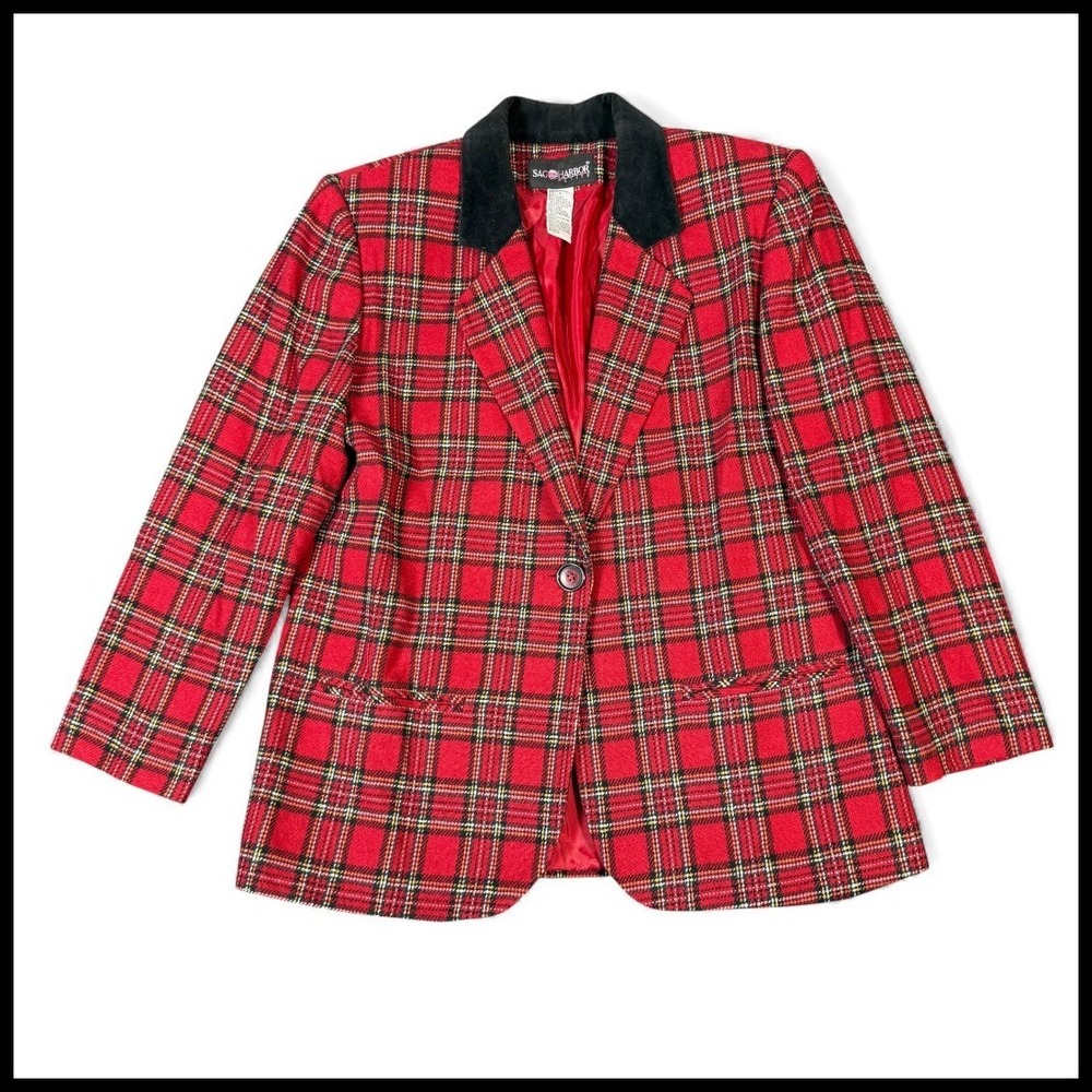 Vintage Sag Harbor Petite Womens 8 Red Christmas Plaid Blazer Wool Velvet Collar
